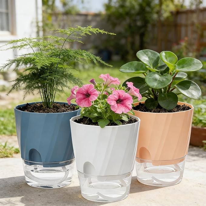 Self Watering Plant Pots 6 Inch, 6 Pack Indoor Planters with Wick Rope and Reservoir, Decorative Flower Pots for Spider Plant, Orchid, African Violet, Home Office Decor (2 White, 2 Pink, 2 Blue)