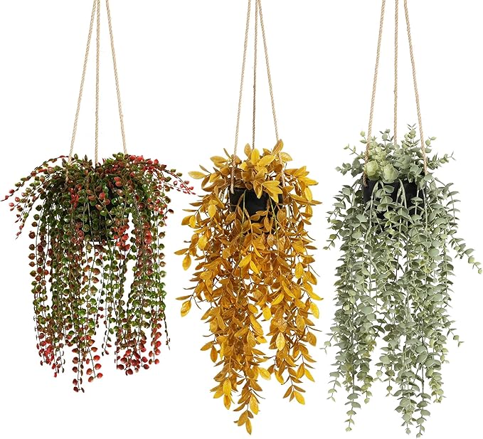 3 Packs Fake Hanging Plants with Black Pots, 18" Artificial Hanging Plants for Wall Decor, Fake Fern Plants Mandala Vine for Home Bathroom Bedroom Kitchen Office Room Decor