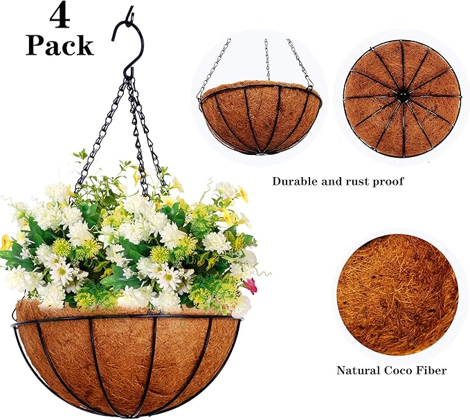 Hanging Planters Basket Outdoor Indoor(14 inch 4 Pack)-Coconut Coir Hanging Baskets for Plants Outdoor,Metal Wire Baskets with Coco Liner Window Box Planters, Hanging Flower Pots for Railings