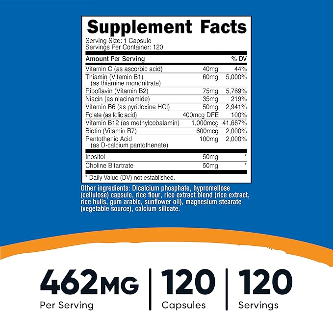 Nutricost High Potency Vitamin B Complex 462mg, 120 Capsules - with Vitamin C - Energy Complex