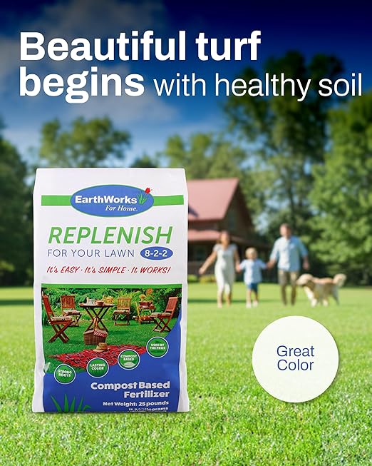 EarthWorks EW4H Replenish Lawn Fertilizer (8-2-2), Organic Compost Grass Food, Deep Root Turf Booster, Year-Round Green, Soil-Building Formula for All Seasons, 25 lbs