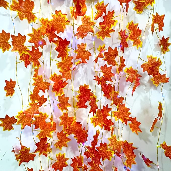 6 Pcs Artificial Hanging Plants Red Maple Leaf Vines With 60 Colorful Lights, RRed Maple Vine Leaves,Fake Plant Vines,Can Be Used for Wall,Party Wedding,Home,Kitchen, Indoor and Outdoor Decoration