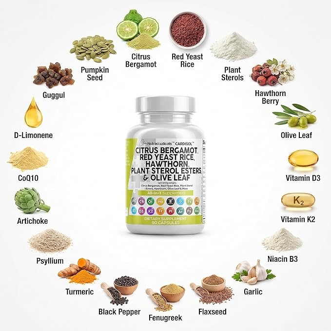 Clean Nutraceuticals Citrus Bergamot Red Yeast Rice Capsules with Plant Sterols - with Hawthorn Extract Olive Leaf Niacin Vitamin K3 D3 COQ10 Guggul & More