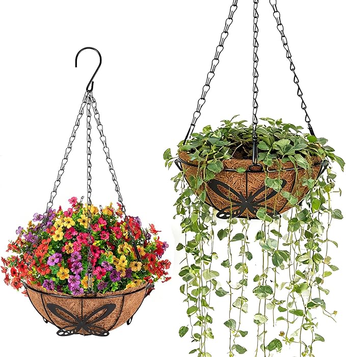 QCQHDU 2 Pack 10 inch Metal Hanging Orchid Baskets for Plants Outdoor, Hanging Orchid Planter Basket with Coco Liners, Orchid Pots with Holes for Garden, Patio, Deck, Porch Plants(Butterfly)