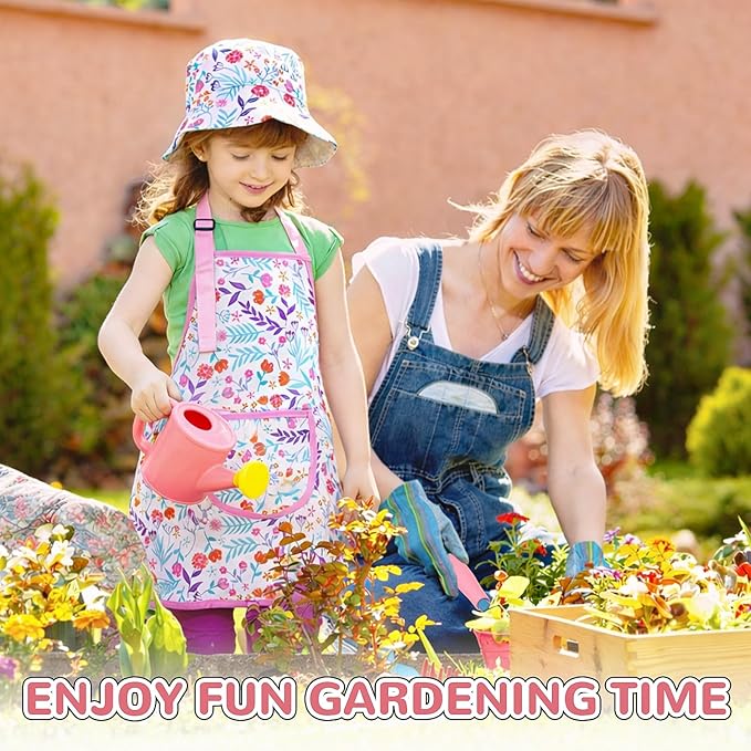 Kids Gardening Tool Set Kids Gardening Tools Shovel Rake Fork Trowel Apron Gloves Watering Can and Tote Bag Toddler Gardening Tools for Kids Best Outdoor Toys Gift for Boys and Girls
