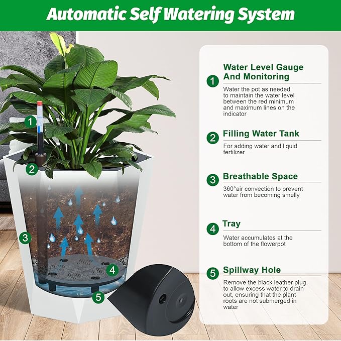 GarveeLife 16 Inch Tall Planters Set of 2, Outdoor Planters Self Watering Plant Pots with Water Level Monitor, Multiple Drainage Holes, Flower Pots for Patio, Porch, Living Room, or Home Office, White