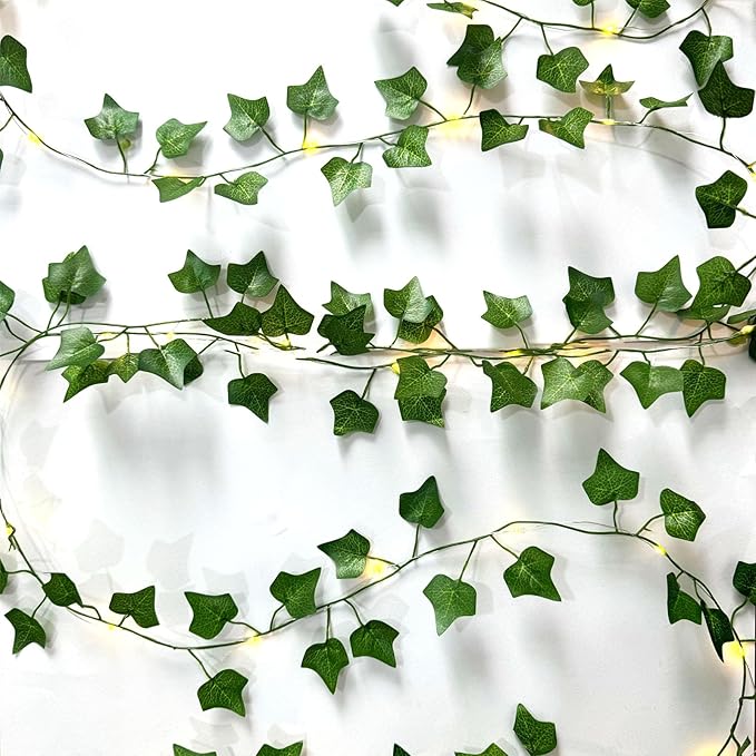 6 Pcs Artificial Hanging Plants Sweet Potato Leaf Vines With 60 Warm Lights, Fake Plant Vine Hanging Garland for Wall, PartyWedding, Home, Kitchen, Indoor and Outdoor Decoration (Creeper Vine Leaves)