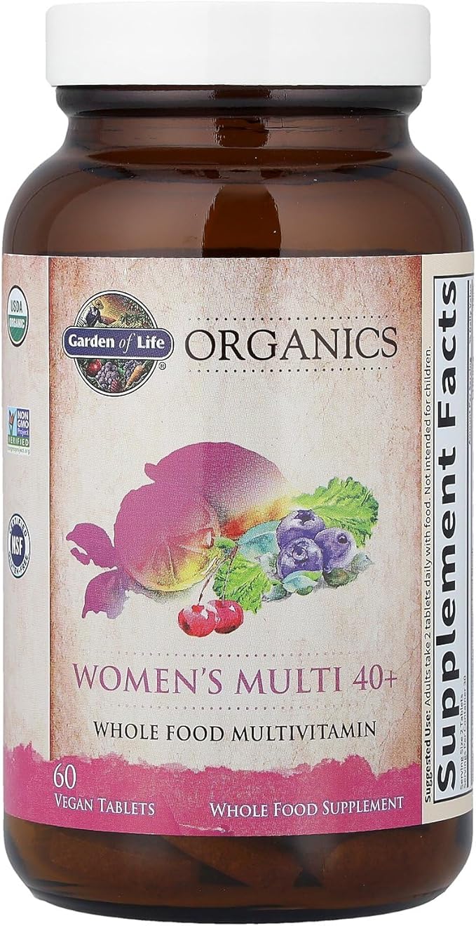 Garden of Life Organics Vitamins for Women 40+ - 60 Tablets, Womens Multi 40+, Vegan Vitamins for Women Over 40, Hormone & Breast Health Support Blend, Whole Food Womens Multivitamin