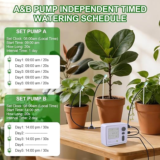 BZONE Dual Channel Automatic Watering System, Timer Drip Irrigation Kit for 20 Potted Plants, with Adjustable Programs & 3 Power Levels, 20 Emitters, 15M Hose for Indoor/Outdoor Garden