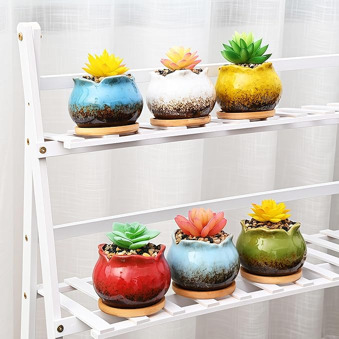 Cute Circular Ceramic Home Garden Decoration Succulent Cactus Flower Pots Container with Bamboo Tray -Plant Not Included (Blue, 4 Inch)