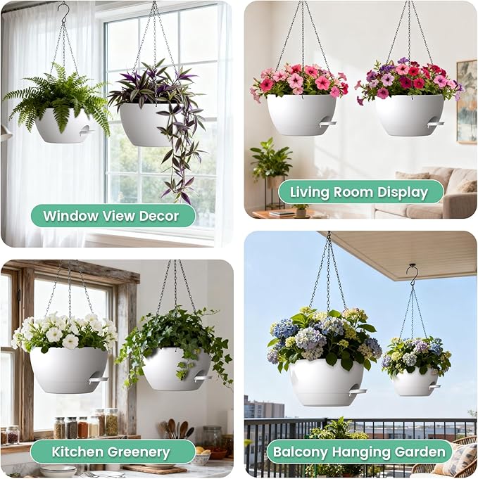 UOUZ 13 Inch 2 Pack Large Self Watering Hanging Planters for Indoor Outdoor Plants, Hanging Plant Pots with Removable 50 Oz Reservoir, Plastic Hanging Basket for Window Porch Garden, White
