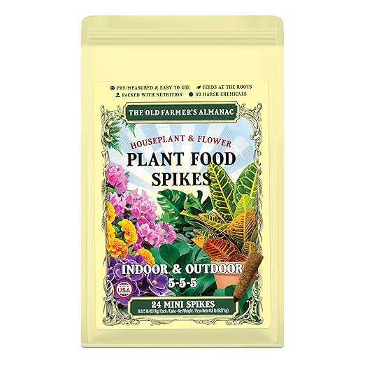 The Old Farmer's Almanac Houseplant & Flower Plant Food Mini Spikes - NPK 5-5-5 for Continuous Feeding and Vibrant Colors (24 Mini Spikes)