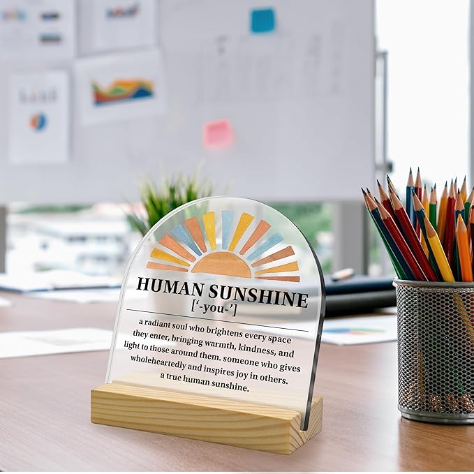 Human Sunshine Arched Acrylic Sign with Wooden Stand (4"x4") – Bohemian Sun Mental Health Motivational Gift, Inspirational Desk Decor for Family, Friends & Students, Positive Affirmation Home Office D