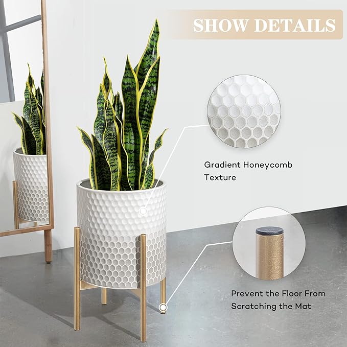 Oakrain Mid Century Planters for Indoor Plants, Set of 2, Modern Decorative Metal Planter Pots for Living Room, Office, Garden or Balcony, Gray and White Gradient Planter with Stand, 8"&10"