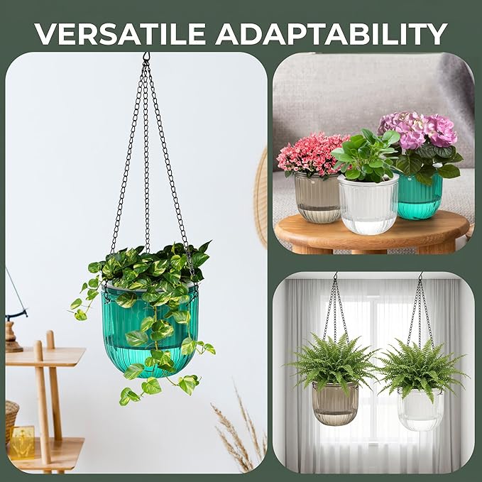 Pumtus 3 Pack Self Watering Hanging Planters, 6.5 Inch Hanging Flower Pot with Drainage Hole, Plastic Hanging Basket with 3 Hooks Chains, Plant Hanger for Indoor Outdoor Plants, Herbs (3 Colors)