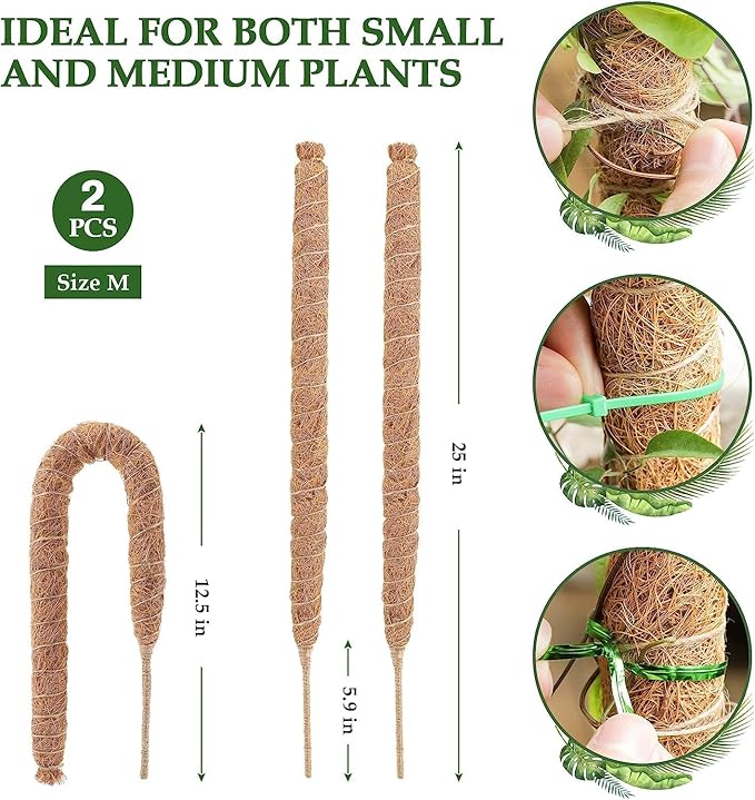 2 Pack Moss Pole for Plants Monstera - 25 Inch Moss Poles for Climbing Plants Monstera, Bendable Moss Pole Stakes for Indoor, Handmade Coco Coir Plant Support for Plants Grow Upward