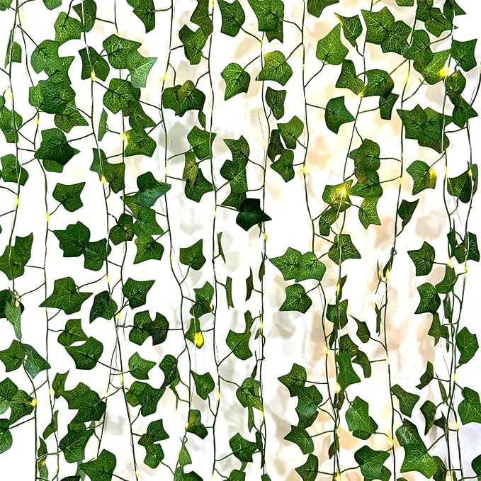 6 Pcs Artificial Hanging Plants Sweet Potato Leaf Vines With 60 Warm Lights, Fake Plant Vine Hanging Garland for Wall, PartyWedding, Home, Kitchen, Indoor and Outdoor Decoration (Creeper Vine Leaves)