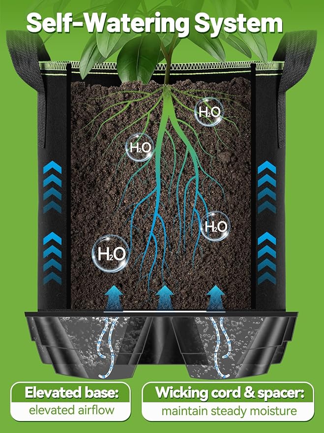 2Pack Self Watering Grow Bags with Pots Base - 5 Gallon Automatic Watering Planter Saucer with Wick Cord, Thick Fabric Vegetables Plants Pots with Handles for Indoor, Outdoor, Greenhouse, Garden