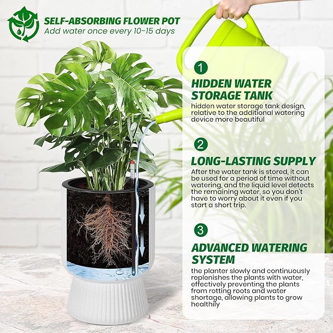 IDEALHOUSE Self Watering Planters Set of 2, 14.2 Inch Tall Outdoor/Indoor Flower Pots with Water Level Indicator, Large Modern Planter with Hidden Reservoir for Patio, Porch, Balcony,White