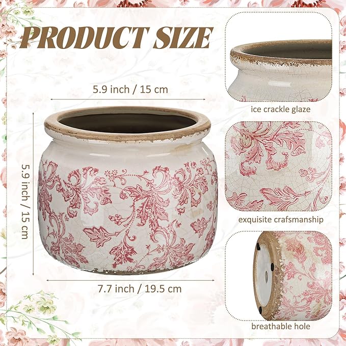 7.7" Large Ceramic Plant Pot Beige Pink Floral Vine Crackle Glaze Rustic Flowers Pot Decorative Planter with Drainage for Indoor Outdoor Plants Home Kitchen Office Decor Gift