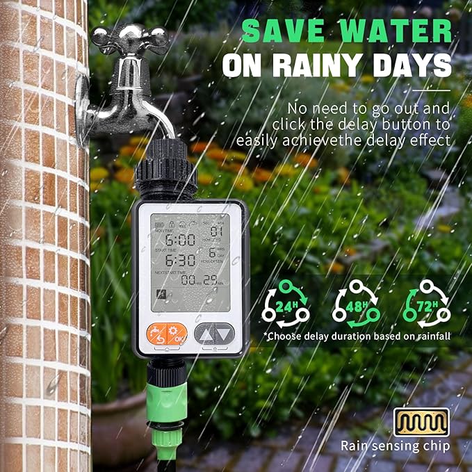 Sprinkler Timer for Garden Hose, 10 Programmable Water Timer with with Auto Rain Delay, IP54 Waterproof 3.3“ Large LCD Drip Irrigation System Timers for Plant, Yard, Lawns, Outdoor