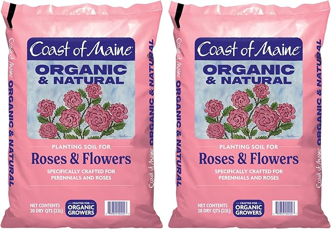 Coast of Maine Organic & Natural Planting Soil for Roses & Flowers - Premium Garden Soil w/Composted Manure, Sphagnum Peat Moss for Multi Use In Ground & Containers - Enhanced Drainage (20 Qt)