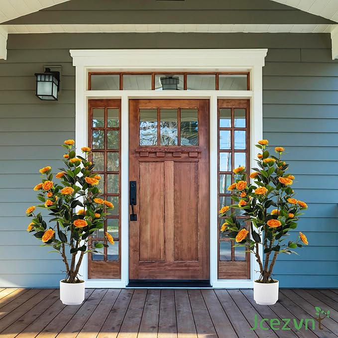 2 Pack Artificial Camellia Tree with White Pot, 38" Faux Potted Plants for Indoor Outdoor Decor, Tall Silk Greenery Plant for Home Offce Living Room Balcony,White, Orange