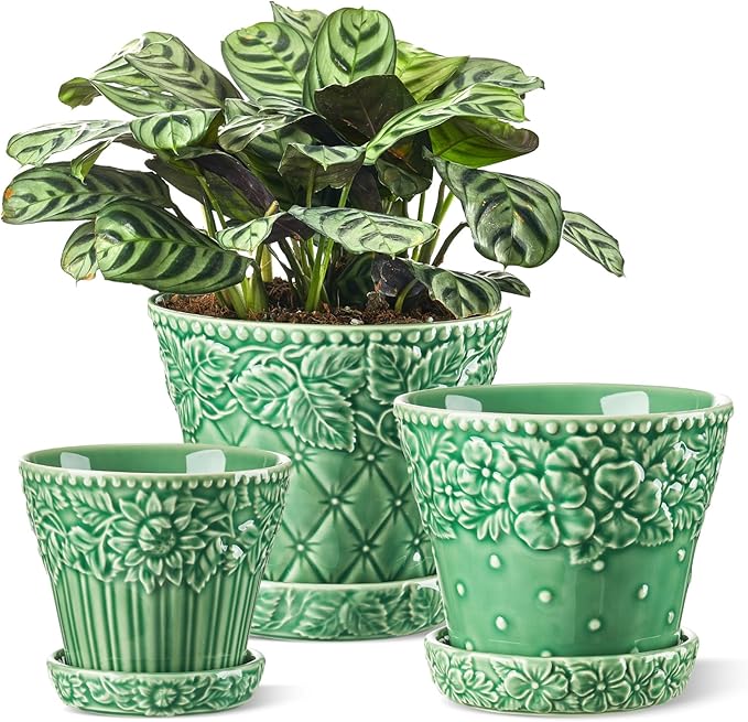 Metahom Ceramic Plant Pots, 3.8+4.9+5.8 Inch, Set of 3 Flower Pots with Drainage Hole & Saucer, Embossed Planter Pots for Indoor Plants, Home Decor, Green