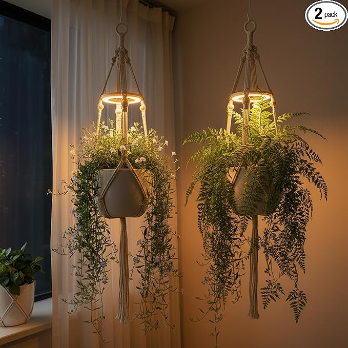 Hanging Plant Grow Lights for Indoor Plants with Timer, Wall Mounted Full Spectrum Pendant Growing Light with Macrame Plant Hanger, Ceiling LED Planta Luz for Potted Plants Home Decor(2 Pack)