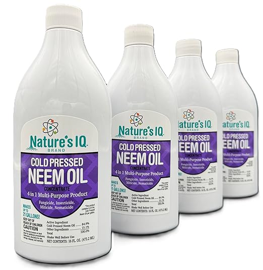 Nature's IQ Advanced Formula Neem Oil with Built in Mixing Agent. Concentrated neem Oil Spray for Plants. 4 in 1 Products. Controls Insects, Mites, Fungus, and Nematodes. 4-16oz Bottles.
