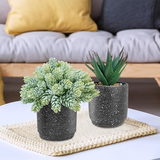 Winlyn 3-Pack Artificial Potted Succulent Plants - Aloe, Hops, String of Pearls - Realistic Faux Plants in Black Cement Pots - Modern/Contemporary Style - Ideal for Home Office Bathroom Indoor Decor