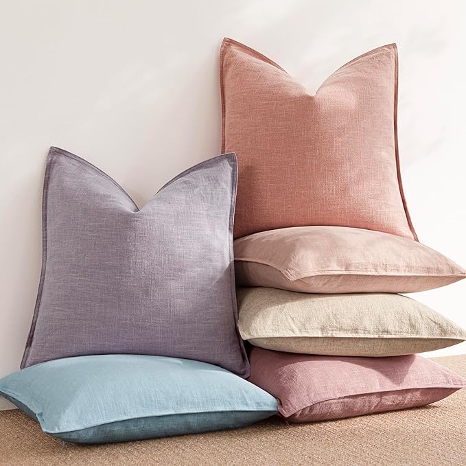 Foindtower Pack of 2, Decorative Linen Soild Throw Pillow Covers Accent Lumbar Cushion Case Boho Farmhouse Pillowcase for Chair Couch Sofa Bedroom Living Room Home Decor 12 x 20 Inch Coral Pink