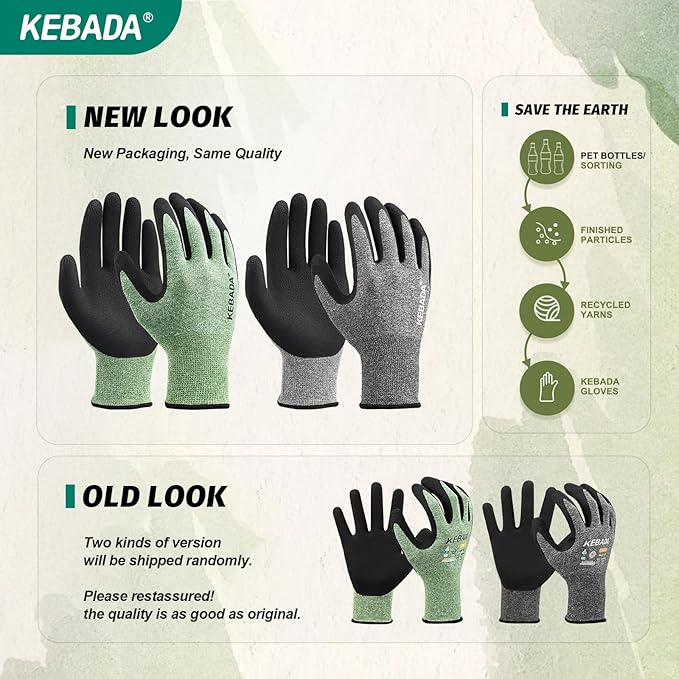 Kebada Gardening Gloves for Men, 6 Pairs Breathable Garden Gloves, Foam Latex Coated, Stretchable Knitting General Duty Work Gloves, Made from Recycled PET Bottles,Green & Gray, Large