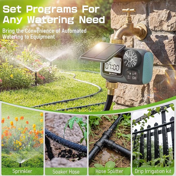 Solar Power Sprinkler Timer with Brass Inlet, CyberOrd Programmable Water Timer for Garden Hose, Hose Timers with Rain Delay/Manual/Automatic Watering System, Digital Irrigation for Yard, Lawn, Garden