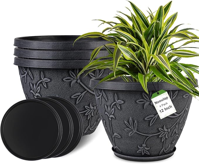 Nooulap 4 Pack 12 Inch Large Flower Pots for Outdoor Indoor, Plastic Plant Pots with Drainage Hole & Saucer, Modern Decorative Garden Pot, Imitation Magnolia Pots for Garden House Planters（Gray）