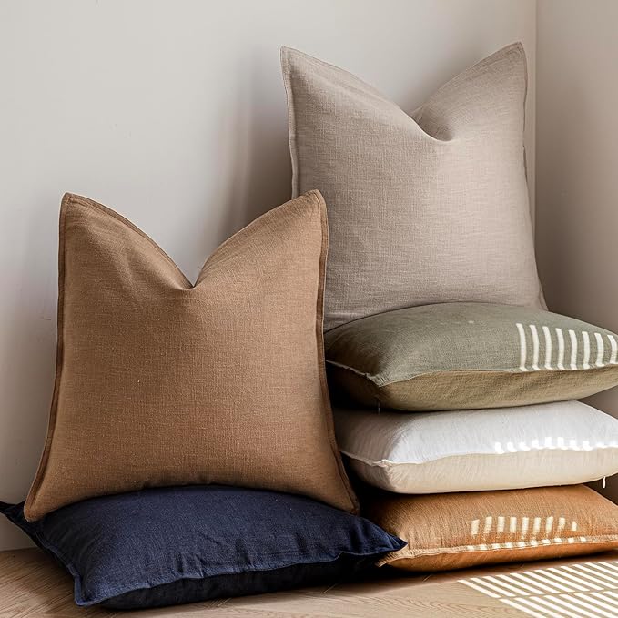Foindtower Pack of 2, Decorative Linen Soild Throw Pillow Covers Soft Accent Cushion Case Boho Farmhouse Pillowcase for Chair Couch Sofa Bedroom Living Room Home Decor 26 x 26 Inch Light Khaki Brown