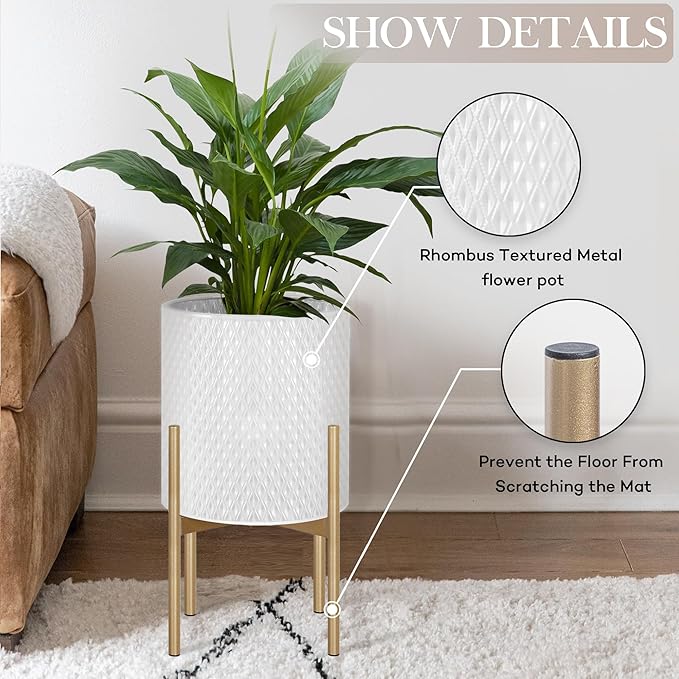 Oakrain Mid Century Planters for Indoor Plants, Set of 2, Modern Decorative Metal Planters for Living Room, Office, Garden or Balcony, White Planters with Stands, 10" & 12", Off-White