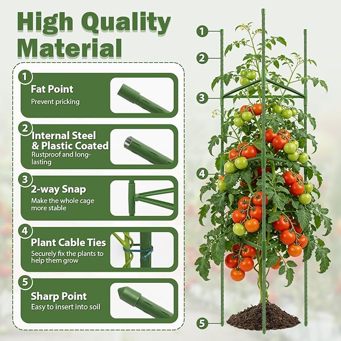 6 Pack Tomato Cage for Garden Plant Supports, Up to 53 Inch Tomato Trellis for Potted Plants, Heavy-Duty Garden Plant Stakes for Climbing Vegetables Plants Cucumber Peony Flowers, Green