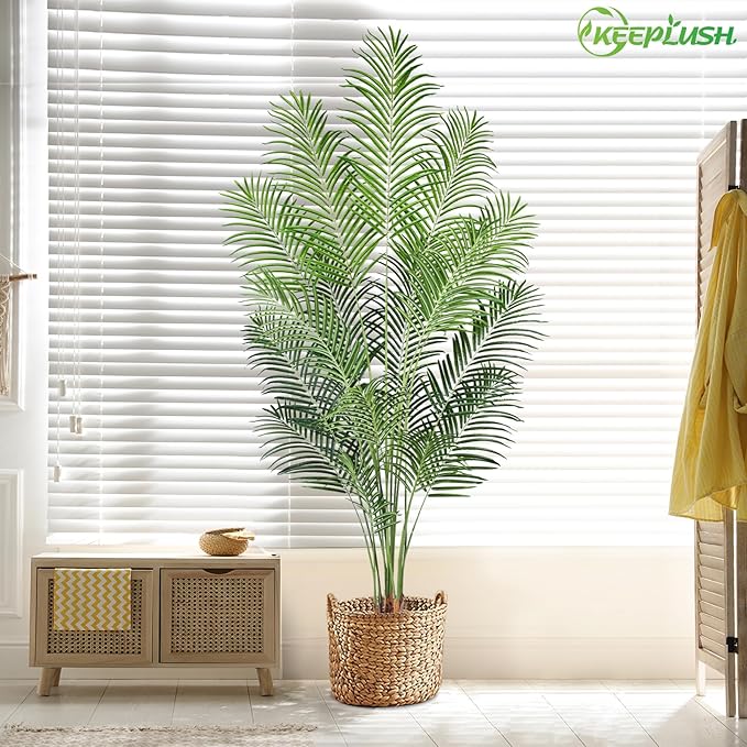 Artificial Palm Tree 7ft Tall Fake Palm Tree Indoor Decor with 18 Leaves and Real Bark Design Faux Tropical Areca Palm Silk Floor Plant in Pot for Home Office Living Room Bedroom Decor 1pcs