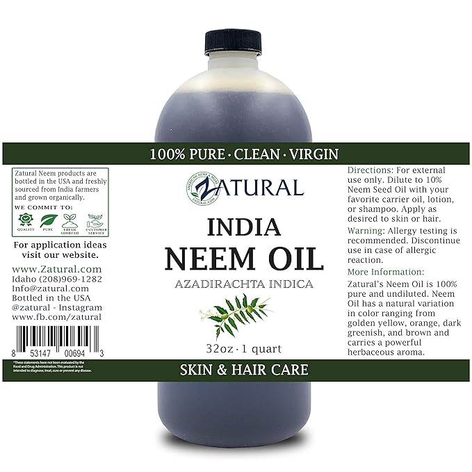 Zatural 100% Pure Neem Seed Oil | Cold Pressed, Undiluted Natural Oil for Skin Conditioning, Hair Moisture & Botanical Blending (32 Fl Oz)