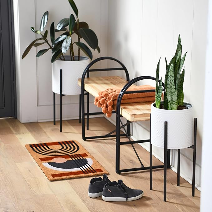 Main + Mesa Modern Boho Embossed Metal Planters with Stands, White and Black, Set of 2 Sizes