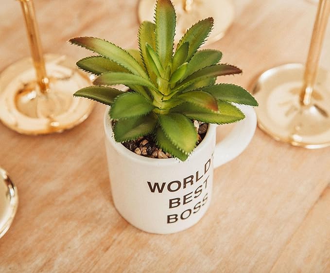 Silver Buffalo The Office World's Best Boss Decorative Artificial Faux Greenery Plant in Ceramic