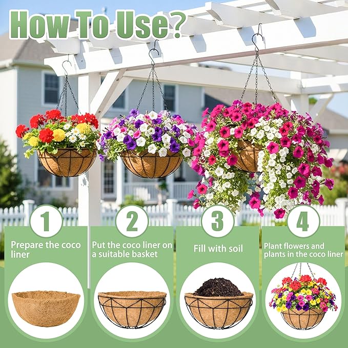 4 Pack 12 Inch Hanging Baskets for Plants Outdoor Metal Hanging Planters Round Hanging Flower Pots with Coco Coir Liner Plant Holder for Outdoor Patio Garden Balcony Decor - Geometric