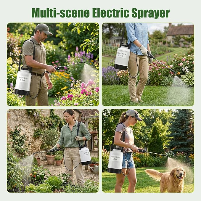 Battery Electric Sprayer, 1.35 Gallon USB Rechargeable Portable Lawn Garden Sprayer with 3.7V Battery, Adjustable Strap, Leak-Proof Wand, 3 Nozzles, 3-Hour Runtime for Plant Care,Outdoor Cleaning