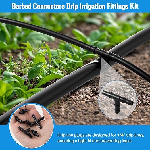 Feekoon Drip Irrigation Punch Hole Tubing Cutter Tools with Barbed Connectors, 2-in-1 Drip Tubing Hole Punch for 1/4 Inch Fitting 16 20 25 mm PE Pipe and Emitter(Blue,115 Irrigation Plugs)