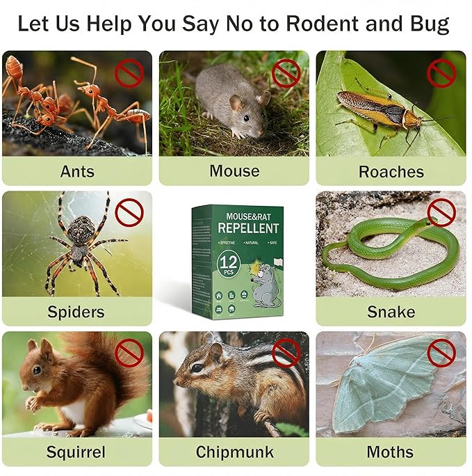 Mouse Repellent Pouches 12 Pack Squirrel Rodent Mice Repellent Pouches with Peppermint Oil-Repels Mouse,Mice, Rats,Mosquito,Roaches,Ants,Moths,Spiders-Pest Control