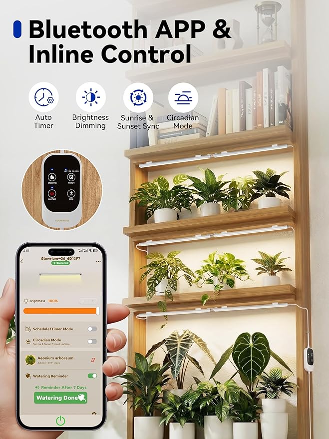 GLOWRIUM Smart Grow Lights for Indoor Plants with APP, Full Spectrum Grow Lights for Seed Starting, G6 Plant Light Strip with auto Timer, 3 Angle dimming Levels for Plant Shelf, 2-Pack (Silver, 16W)
