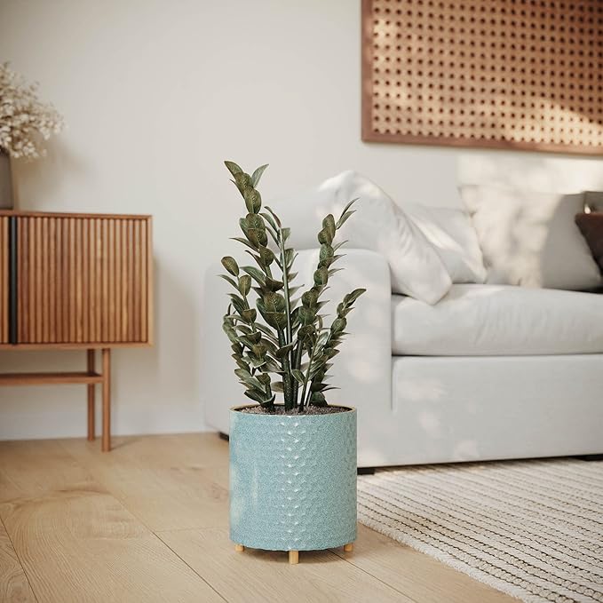 EverNest Rhys Blue-Green Modern Honeycomb Pattern Indoor Planter with Wooden Stand, 8-Inch Plant Pot, SelectBase, Mid-Century Modern Home Decor Planters (Small, 1 Gallon)
