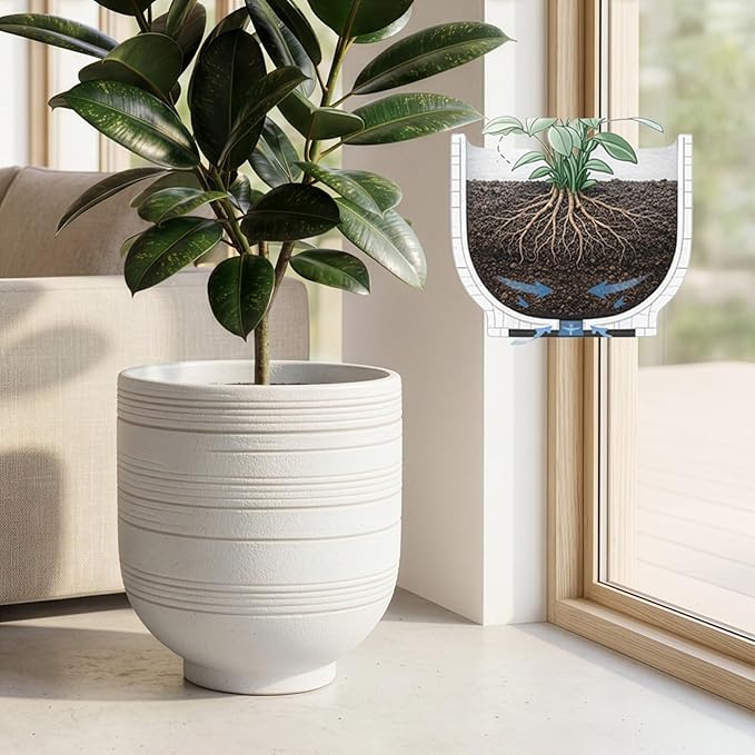 HERDUK Large White Ceramic Planter for Indoor Trees, Modern Indoor Floor Planter Pot for Olive Trees & Faux Olive Trees, Pottery Planter with Drainage for Real Plants