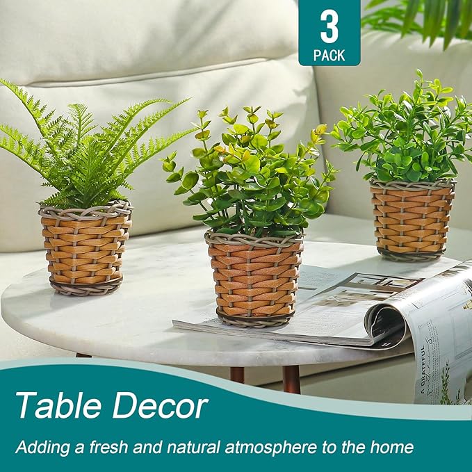 Small Fake Plants, 3 Pack Mini Potted Artificial Fern, Eucalyptus, Aglaia Odorata Plant in Rattan Pots, for Farmhouse, Home Decor, Office, Bathroom, Desk, Indoor & Outdoor